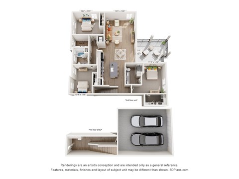 A 3D floor plan of a house with labeled rooms.